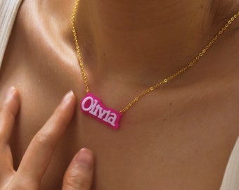 Double Colour Personalised Name Necklace • Personalized Acrylic Name Necklace • Hot pink and white • doll font • Acrylic Name Necklace