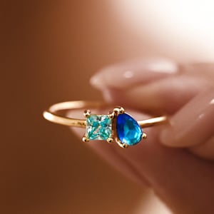 Mini Toi et Moi Birthstone Ring, Custom Baguette & Pear Cut Promise Ring, Baguette Birthstone Ring, Anniversary Gift, Couples Jewelry