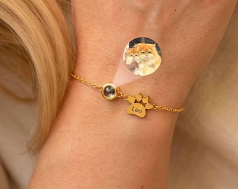 Bracciale con impronta di zampa incisa e foto • Bracciale con nome per animali domestici e foto • Bracciale con proiezione personalizzata per animali domestici • Regalo per amanti degli animali • Regalo commemorativo per animali domestici
