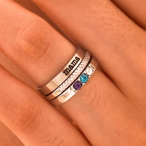 Family Birthstone Ring • Stacking Name Ring • Custom Engraved Birthstone Ring • Mothers Jewelry • Birthday Gift • Stackable Name Rings