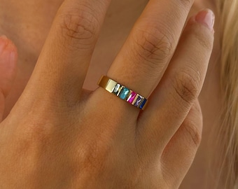 Wide Band Baguette Birthstone Ring • Family Birthstone • Mother Grandma Family Ring Gifts • Minimalist Birthstone Ring • Handcraft Ring