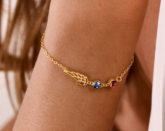 Birthstone Angel Wing Bracelet • Angel Wings Bracelet with Birthstone •Memorial Wings Bracelet for Mom•Loss of Loved One•Miscarriage Jewelry