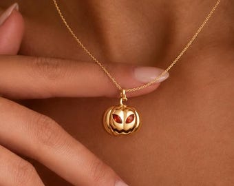 3D Pumpkin Necklace, Custom Birthstone Pumpkin Necklace, 18K Gold Birthstone Necklace, Spooky Jewelry, Halloween Gift, Best Friend Gift