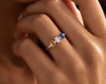 Baguette Birthstone Ring, 18K Gold Family Birthstone Ring, Wide Band Baguette Birthstone Ring, Custom Birthstone Ring,Christmas Gift For Mom