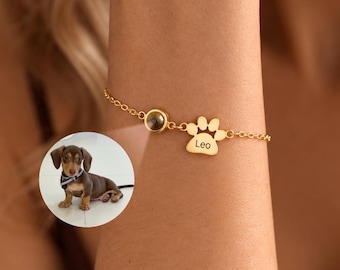 Armband met gegraveerde pootafdruk en foto • Armband met naam huisdier met foto • Gepersonaliseerde armband met projectie van huisdier • cadeau voor huisdierliefhebber • cadeau voor huisdier