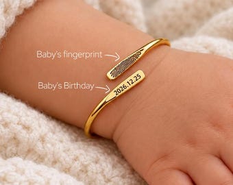 Personalized Bracelet with Actual Fingerprint, Custom Name Bangle,Personalised Baby Bangle,Birthday Gift,Newborn Gift,Christening Gift