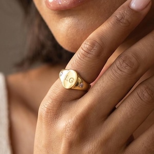 Birthstone Initial Signet Ring • Statement Gemstone Ring with Engraved Letter • Oval Letter Ring • Couple Initial Letter•Dainty Gift for Her
