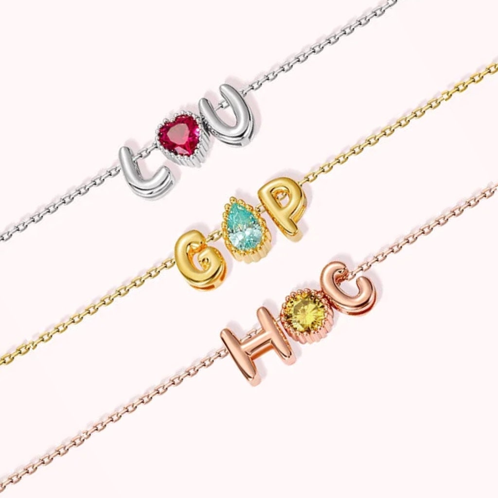 Personalized Birthstone Necklace with 3D Initial - Custom Bubble Letter Charm | Gift for Her