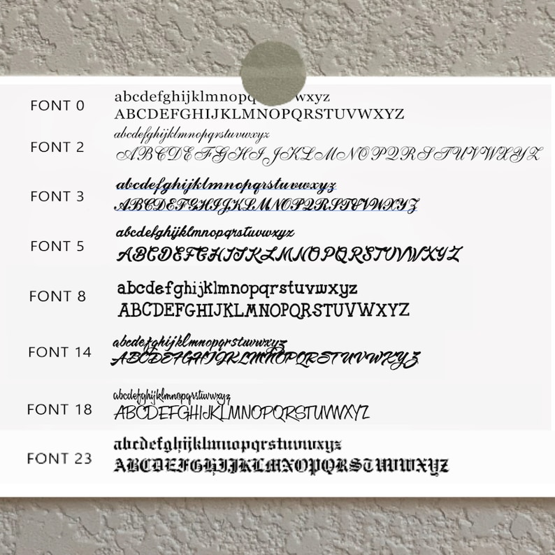 May include: A selection of fonts is presented on a white background, each identified by a font number. The image shows uppercase and lowercase alphabets in diverse styles, offering options for text design, ranging from basic to decorative.