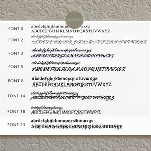 Op de afbeelding: Een witte achtergrond toont verschillende lettertypestijlen, elk gemarkeerd met een lettertypenummer. De lettertypen bevatten zowel hoofdletters als kleine letters en tonen verschillende stijlen zoals serif, sans-serif en script. De afbeelding is een lettertypen gids voor design.