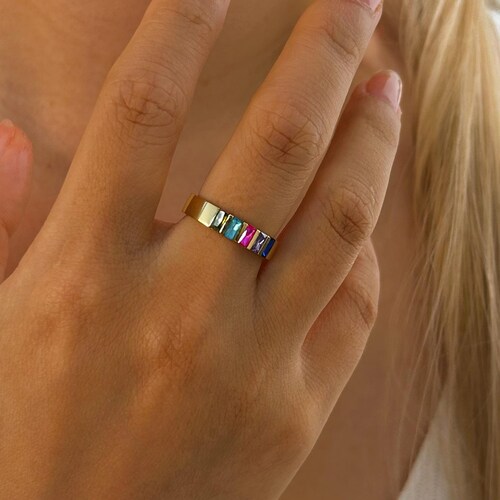 Breites Band Baguette Geburtsstein Ring • Familie Geburtsstein • Mutter Oma Familien Ring Geschenke • Minimalistischer Geburtsstein Ring • Handwerk Ring
