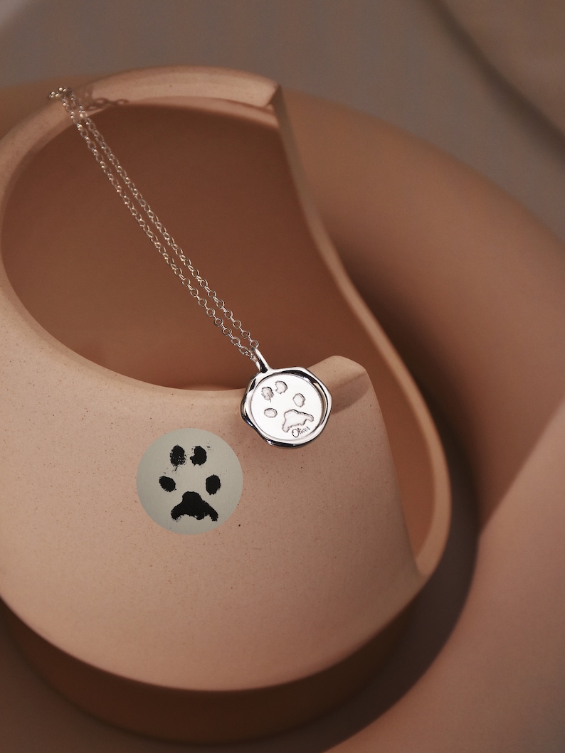 May include: A silver necklace with a paw print charm. The necklace is displayed on a light brown ceramic surface.
