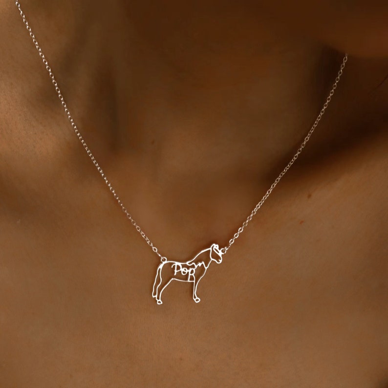 May include: A silver chain necklace with a horse silhouette pendant. The horse is outlined and the word "Pop" is written inside the outline.