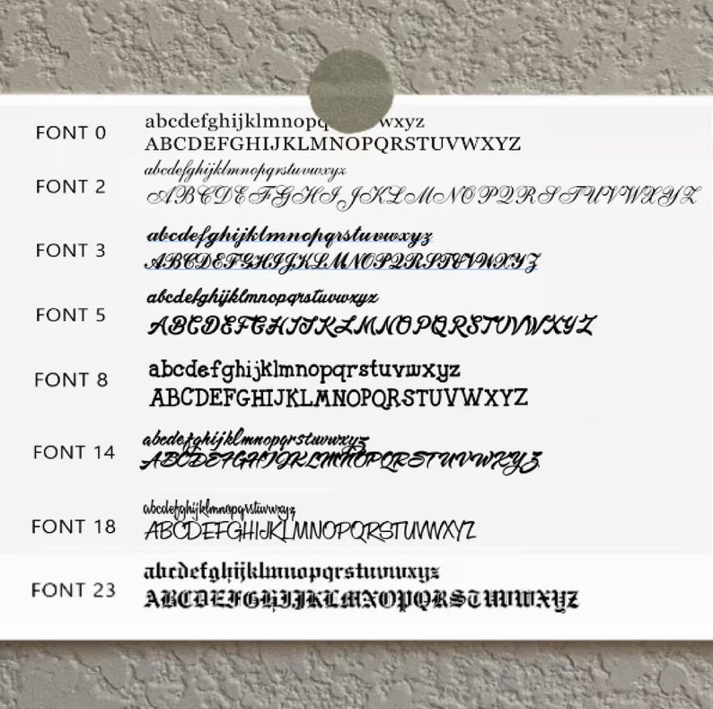 May include: A chart showing different font styles and sizes, labeled "FONT 0", "FONT 2", "FONT 3", "FONT 5", "FONT 8", "FONT 14", "FONT 18", and "FONT 23". Each font style is shown with the alphabet in lowercase and uppercase.