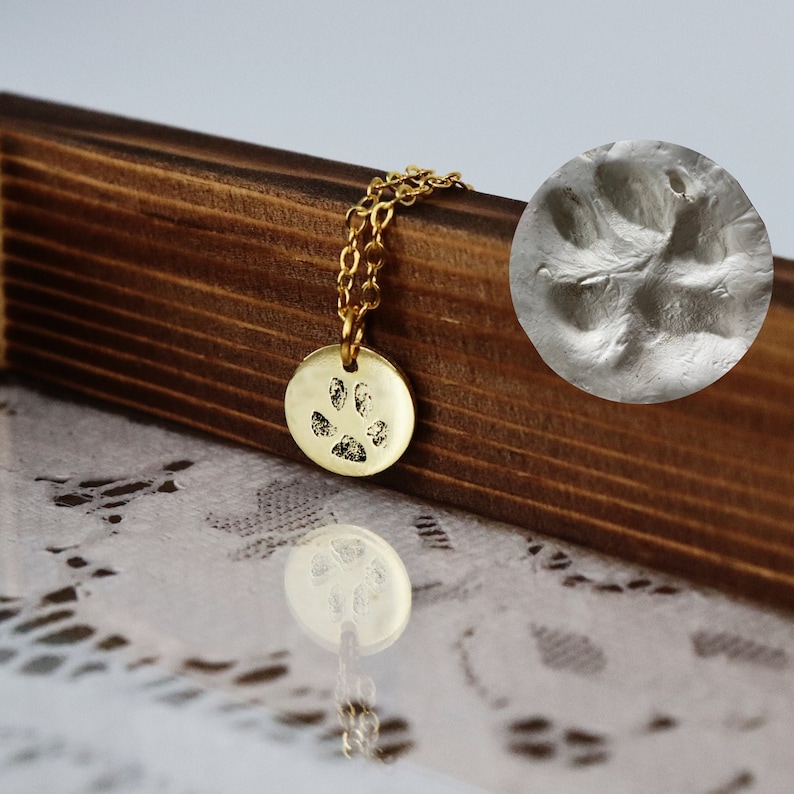 Op de afbeelding: Een goudkleurige ketting met een hanger in de vorm van een pootafdruk. De ronde hanger hangt aan een fijne ketting. Een close-up van de pootafdruk is te zien. De ketting ligt op een houten oppervlak.