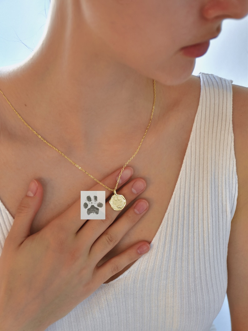 May include: A gold chain necklace with a round pendant featuring a paw print. The pendant is textured and has a slightly irregular shape.
