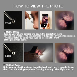 May include: A silver necklace with a round pendant, labeled "front," and instructions on how to view the image inside. The image shows two methods: using a phone camera and a flashlight. Text reads "HOW TO VIEW THE PHOTO."