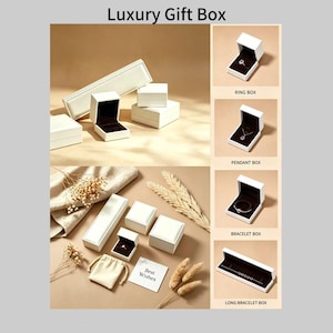 May include: A collection of white jewelry gift boxes with dark brown interiors, including square, rectangular, and long styles. The set features a ring box, pendant box, bracelet box, and long bracelet box, accompanied by a small pouch and card.