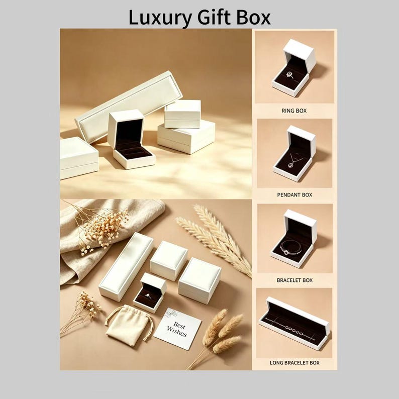 May include: A collection of white jewelry gift boxes with dark brown interiors, including square, rectangular, and long styles. The set features a ring box, pendant box, bracelet box, and long bracelet box, accompanied by a small pouch and card.