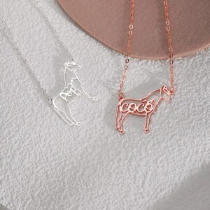 May include: Two silver necklaces with horse pendants. The horse pendants are made of wire and the name "Hope" is spelled out in the wire on one pendant and the name "Coco" is spelled out in the wire on the other pendant.