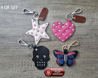 PDF leather bag charms Pattern, 4 leather keychain template, skull keyring cute hearth shape digital clutch charm, DIY leather accessories