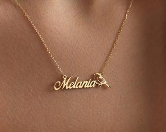 Personalized Birth Month Bird Necklace: Sterling Silver Name Jewelry