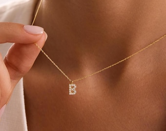 Sterling Silver Pave Initial Necklace: Diamond Letter Pendant