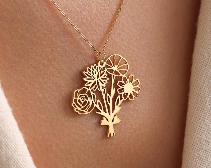 Featured listing image: Family Birth flower Necklace , Multiple Birth Flower Bouquet Necklace, Personalized Gift, Birth flower Family Gift, Mothers day gifts