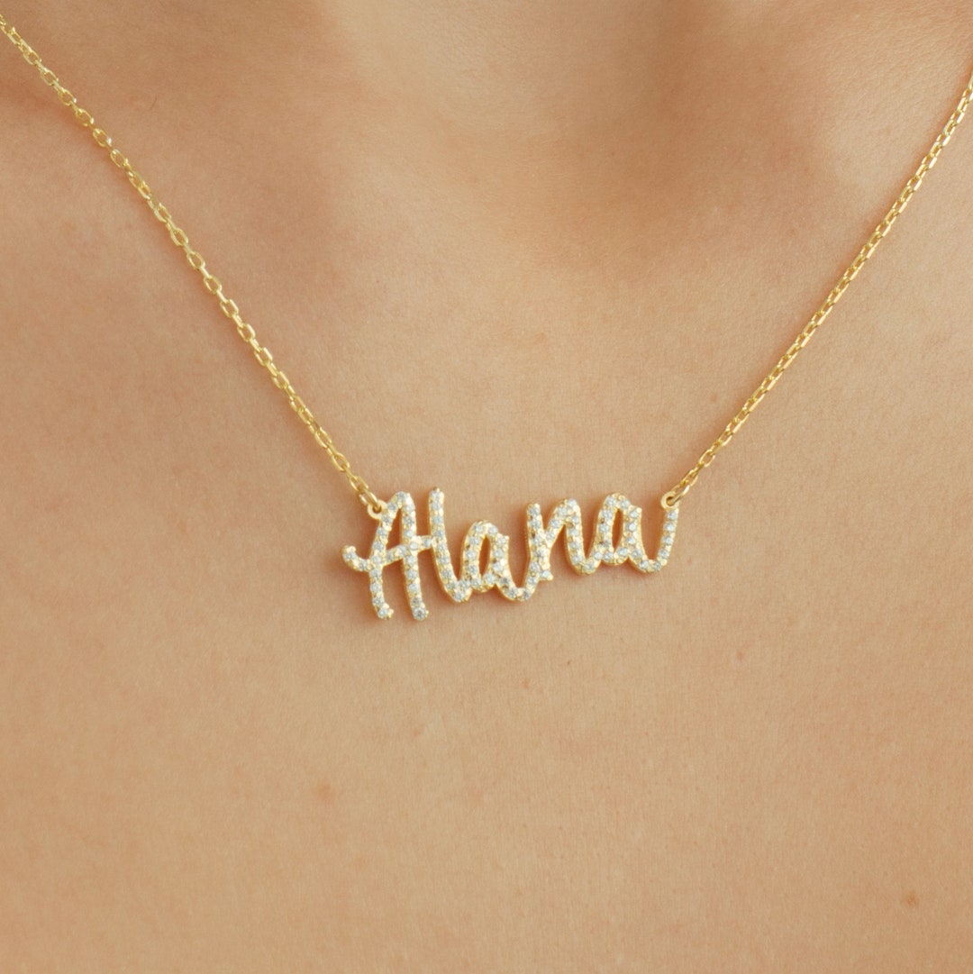 Diamond Name Necklace,14k Gold Pave Name Necklace, Custom Name Necklace