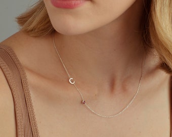Sideways Initial Birthstone Necklace: Sterling Silver, 14k Gold