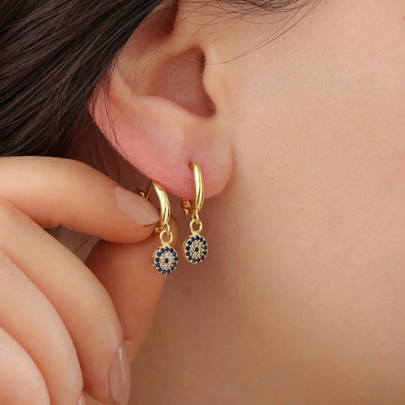 14K Gold Hoop Earrings with Diamond Evil Eye