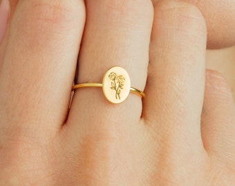 Birth Flower Ring, Floral Ring, Bridesmaid Gift, Minimalist Ring, Dainty Mom Ring, Mothers Day Gift, Sterling Silver Ring, Gold Signet Ring