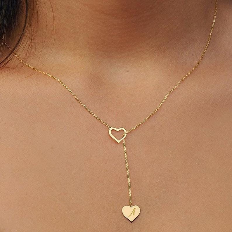 Personalized Initial Heart Lariat Necklace in Gold & Silver Y Etsy