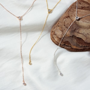 14k Y Necklace, Zircon Lariat Pendant, Long necklace, Layering Necklace, Dainty Necklace, Minimalist Necklace, Drop Necklace, Christmas Gift