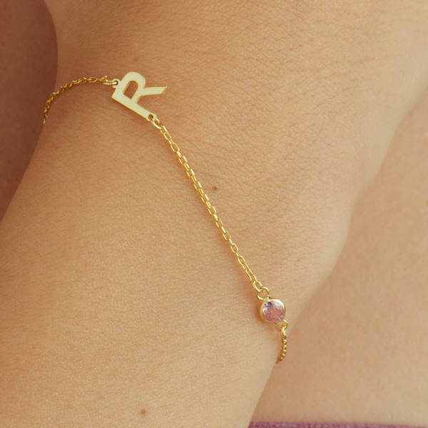 Sterling Silver Initial Birthstone Bracelet: Personalized Letter Charm
