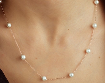 14k Gold Perlen Halskette, Echte Perlen Halskette, zierliche Süßwasserperlen Halskette, Winzige Perlen Halskette, Brautjungfer Geschenke, Hochzeitsschmuck