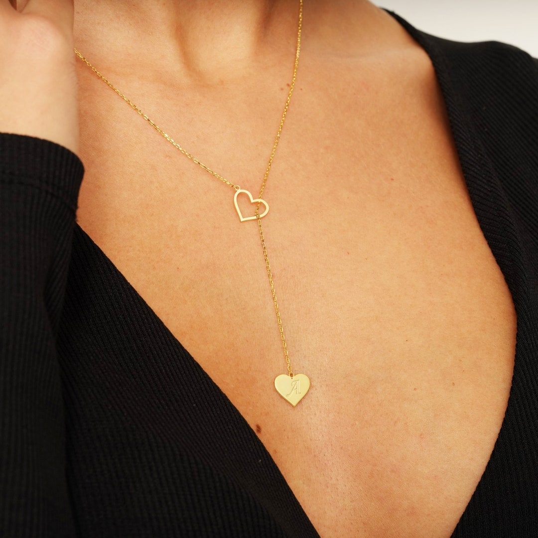 Personalized Initial Heart Lariat Necklace in Gold & Silver, Y Initial