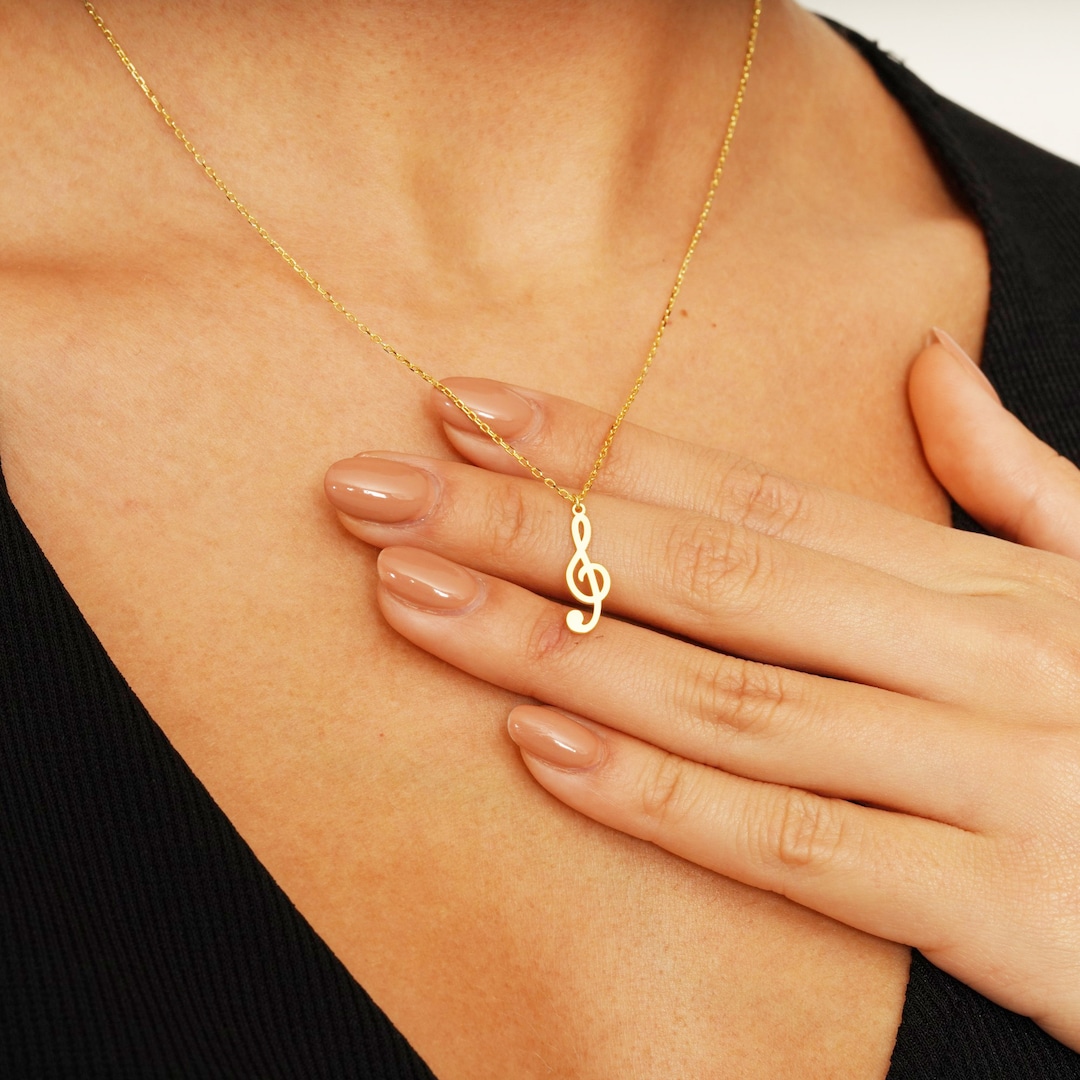 14k Solid Gold Treble Clef Necklace, Christmas Gifts, Music