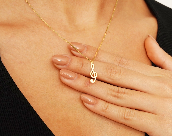 14k Solid Gold Treble Clef Necklace: Music Lover Pendant