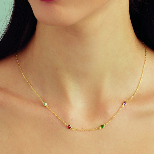 14k Solid Gold Birthstone Necklace: Personalized Family Jewelry