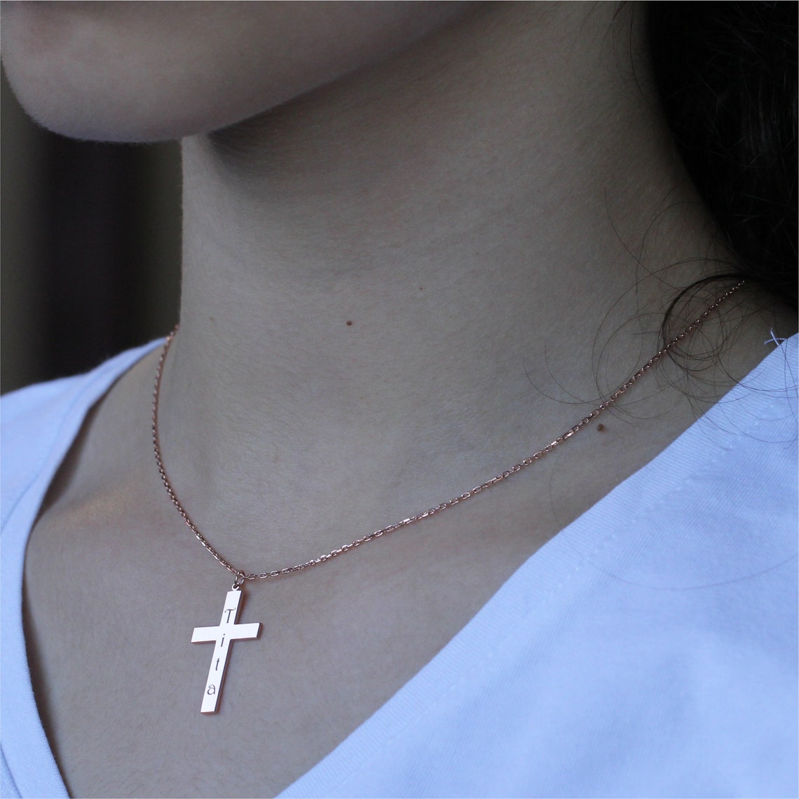 14k Solid Rose Gold Cross Necklace Personalized Cross Etsy