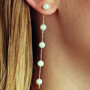 Freshwater Pearl Drop Threader Earring, Long Pearl Earring, Dangle Earring, Long Chain Pearl Earring, Bridal Pearl Earring,Two Styles in One