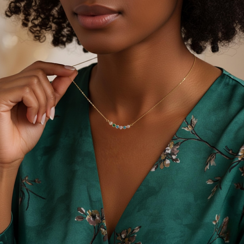 Family birthstone necklace with multiple gemstones, meaningful personalized gift.