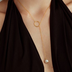Dainty Pearl Drop Necklace, Lariat Pearl Necklace, Bridesmaid Gift, Bridal Jewelry, Layering Y Necklace, Wedding Jewelry, Christmas Gift