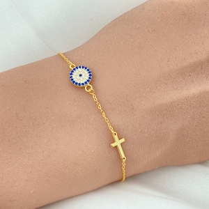 Silver Evil Eye Cross Bracelet, 14k Solid Gold Nazar Bracelet Gift, Cross/Evil Eye Bracelet, Evil Eye Charm,Gift For Her, Christmas Gift