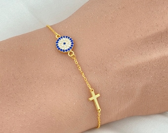 Silver Evil Eye Cross Bracelet, 14k Solid Gold Nazar Bracelet Gift, Cross/Evil Eye Bracelet, Evil Eye Charm,Gift For Her, Christmas Gift