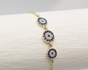 Triple Evil Eye Bracelet: 925 Silver & 14k Gold Nazar Jewelry