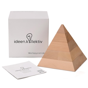 Könnte beinhalten: Ein Holz-Pyramidenpuzzle mit sechs Schichten. Die Pyramide ist aus Naturholz gefertigt und hat eine hellbraune Farbe. Die Schachtel, in der die Pyramide geliefert wird, ist weiß mit dem aufgedruckten Text "ideen.kollektiv" und "Wertepyramide".
