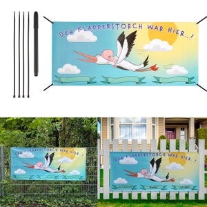Makai Banner Plakat zur Geburt Storch Geschenk 160 x 70 cm Plakat für Balkon Garten zum Aufhängen am Haus personalisierbar für Baby Geschenk