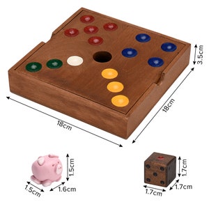 May include: Wooden game board with a hole in the center and colored pegs. The board is 18 inches by 18 inches and 3.5 inches tall. A pink pig and a wooden dice are also included.